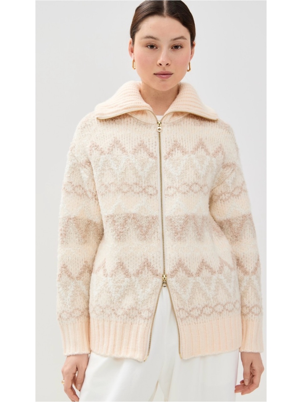 Cream & Beige Zip-Front Fair Isle Sweater